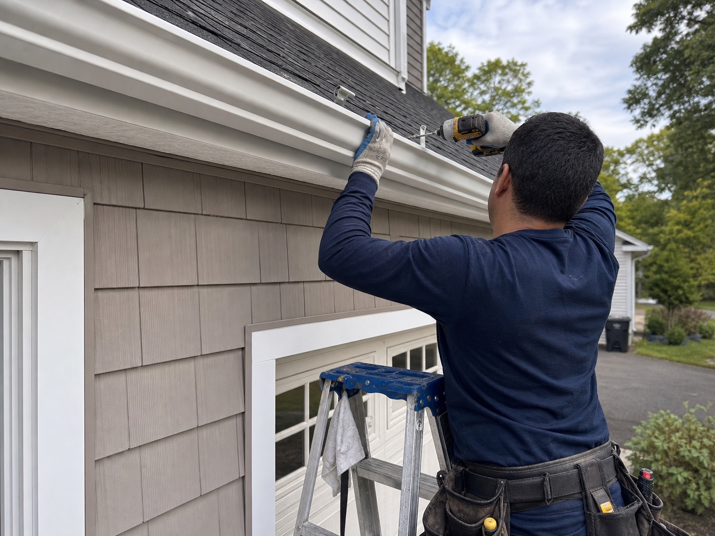 Gutter installer fastening a seamless gutter